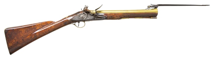 EARLY BRASS BARREL SPRING BAYONET BLUNDERBUSS BY