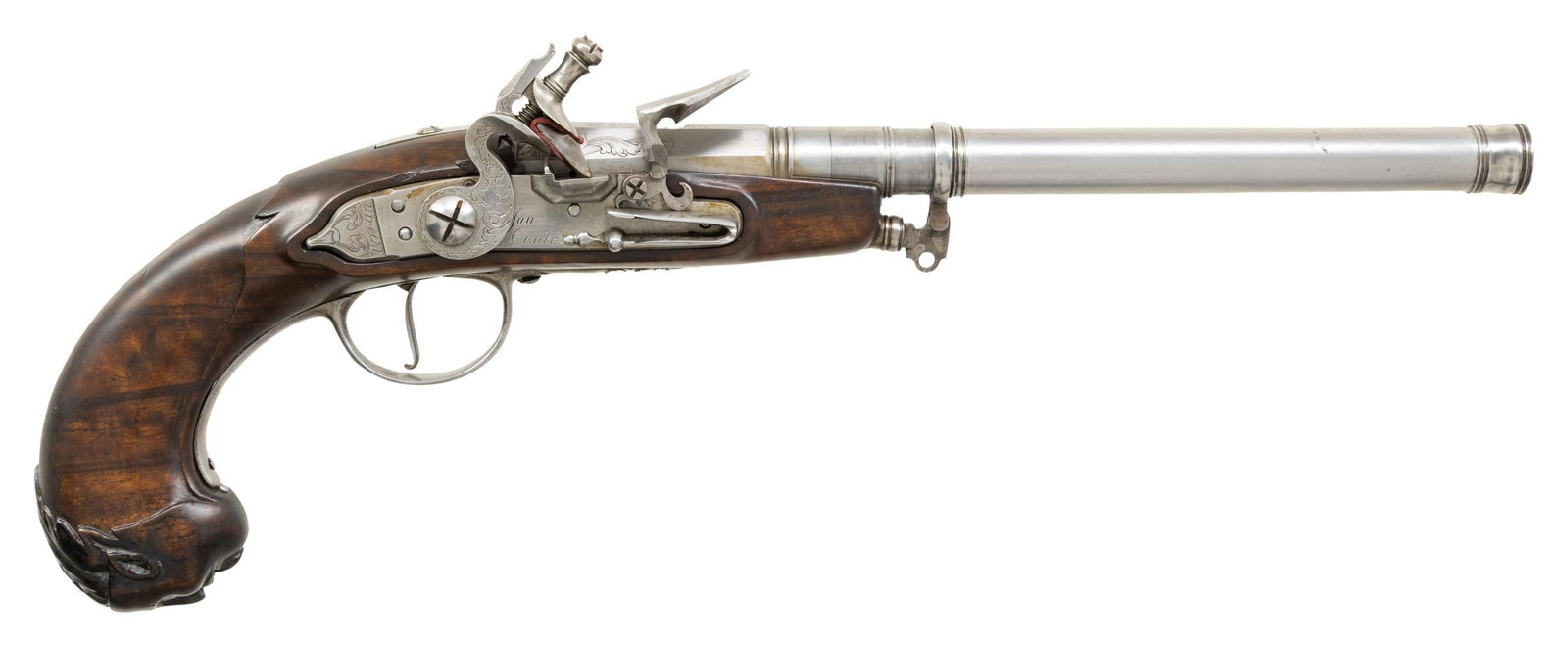 BEAUTIFULLY HANDMADE REPRODUCTION OF A SCREW: BARREL FLINTLOCK PISTOL BY JAN CEULE. Cal. 45. S# NSN. The 6" cannon turned screw off barrel has retainer attached to fore piece of stock so barrel cannot be lost or dropped while loading. Breech has