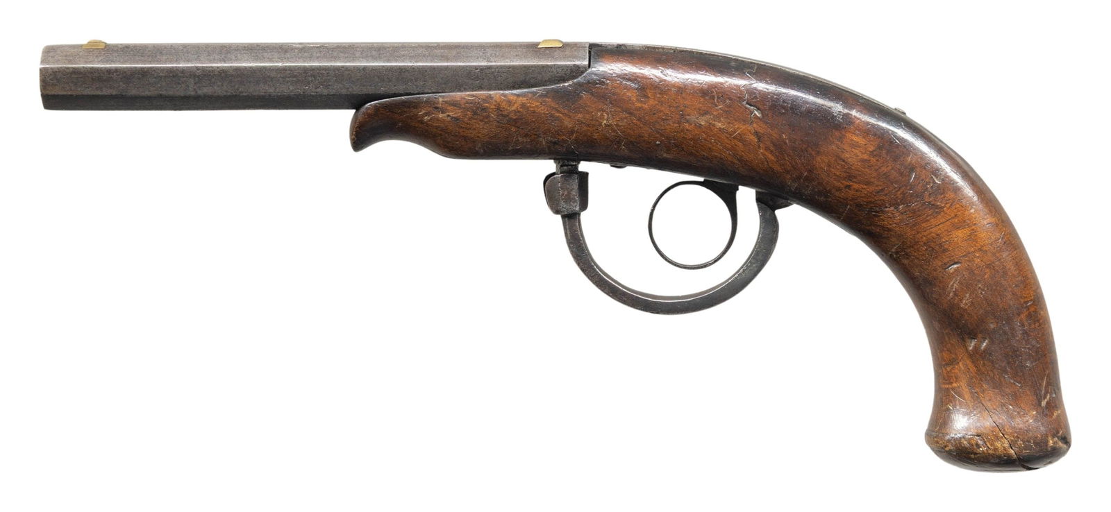 UNUSUAL UNMARKED UNDERHAMMER RING TRIGGER 4MM: PERCUSSION PISTOL. Cal. 4mm. NSN. Bbl. 5 5/8". Unusual 4mm underhammer percussion pistol of unknown origin. Pistol is devoid of any markings, save for "2", with is engraved on the upper tang. 1-piece