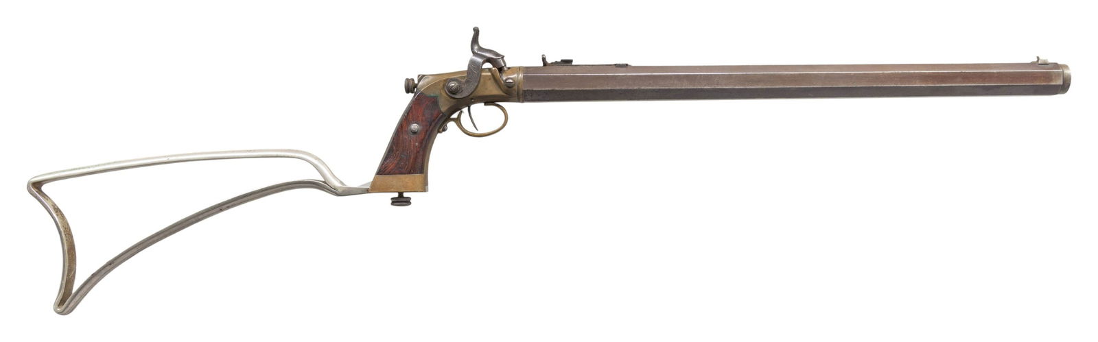UNMARKED HEAVY BARREL PERCUSSION BUGGY RIFLE.: CAL. 36. NSN. Consignor attibrutes this rifle to Jake Rudolph Shawk of Lisbon, Ohio, but there are no discernable markings. Oct. 17" bbl. Dovetailed post front sight & replacement elevator rear