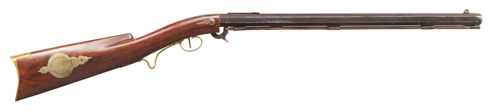 DAVID HALL HILLIARD OF CORNISH, NH UNDERHAMMER: PERCUSSION RIFLE. CAL.38. S# 1716. Per "American Gunsmiths" by Frank Sellers, David Hall Hilliard (1805-1877) operated in Cornish, New Hampshire from 1842-1877 making underhammer guns. Smoothbore,