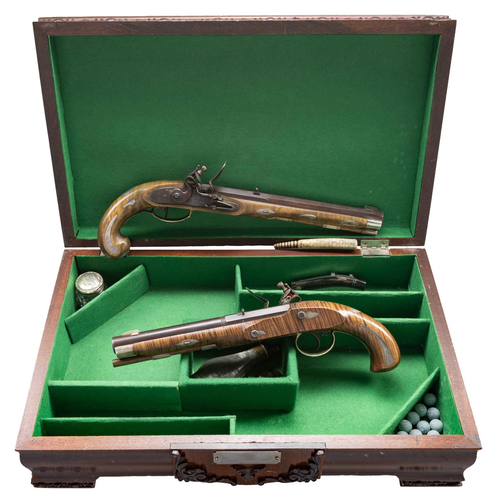 CASED PAIR OF A. HOLLY CONTEMPORARY FLINTLOCK: PISTOLS. Both: Cal. 45. NSN. Art Holly was an early builder of contemporary flintlock rifles and pistols who worked first in California and later Michigan. Research suggests that he passed away in the