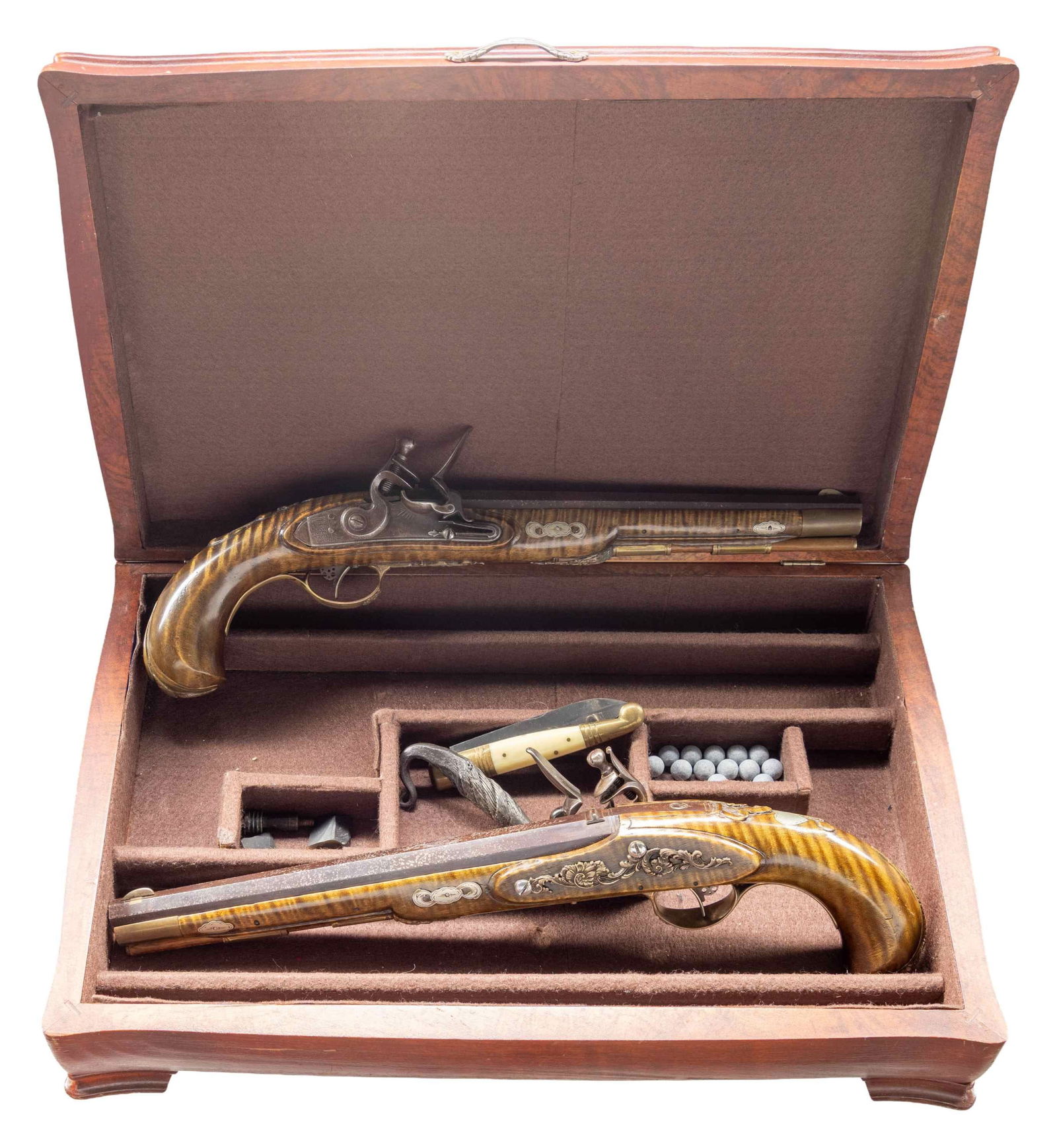 WILLIAM BUCHELE CASED SET OF MATCHING FLINTLOCK: PISTOLS. William Buchele, 1895-1977, was a renowned builder of contemporary flintlock & percussion rifles & pistols in the 1960's-1970's. He is known as a co-author of the book "Recreating the America