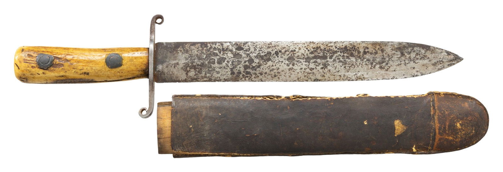 FINE PUBLISHED PRIMITIVE AMERICAN SIDE KNIFE &: SHEATH. Pictured on page 194 of James R Johnson's "ACCOUTREMENTS IV", knife measuring 15" overall, 10.5" double edge blade, made from a file, 3.5" forged iron "S" cross guard, carved split stag slab