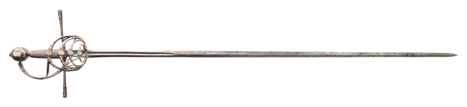 ITALIAN SWEPT HILT RAPIER IN THE STYLE OF PIETRO: HERNANDEZ.This exquisite Italian swept hilt rapier was likely produced in the early to mid 1800s in the style of Pietro Hernandez. The rapier measures 50" overall with a signed blade measuring 42" to