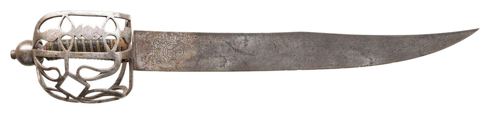 EARLY EUROPEAN CUTLASS OR SHORT SWORD.: This early European sword blade was produced in France, but the hilt may be of English or Scottish manufacture. The sword measures 26 1/2" overall with an 18 3/4" blade that is 2 3/8" wide. The blade