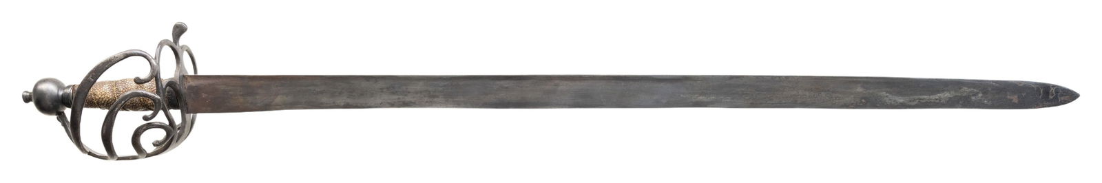 EARLY BRITISH BACKSWORD.: This classic English backsword measures 41 1/2" overall with a 34 1/4" plain blade with a rudimentary fuller near the spine. Semi basket iron guard with a drop pendulous quillon. The crossguard has tw