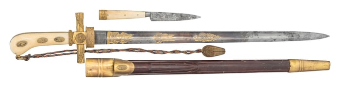 MID-1800s GERMAN HUNTING CUTLASS AND DINING KNIFE.