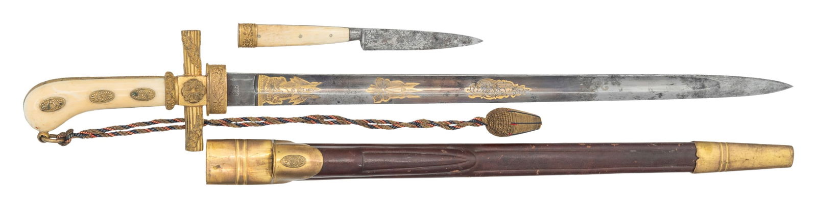 MID-1800s GERMAN HUNTING CUTLASS AND DINING KNIFE.: A truly superb German hunting cutlass from the 1830s to the 1860s measuring 27" overall with a blue and gilt 20 1/2" blade. The blade has gold highlighted military and foliate etching on a blued