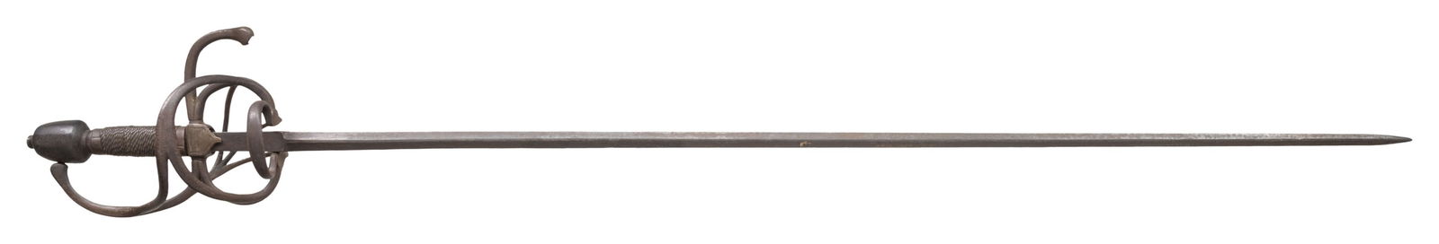 NORTH ITALIAN OR EURPEAN 17th CENTURY SWEPT HILT: RAPIER. Overall length 46.5" with a 40.5" tapered diamond blade terminating with a 2.5" ricasso marked with a cross armorers mark. The guard comprises of double branching knuckle bow that attaches to
