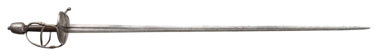 17th CENTURY WALLOON HILTED MILITARY BROADSWORD.: Overall length 44" with a 37" double edge blade with short 7" fuller with armorers mark. The hilt consist of asymmetrical heart shaped guard with pierced plates, and thumb loop. The knuckle bow, inner