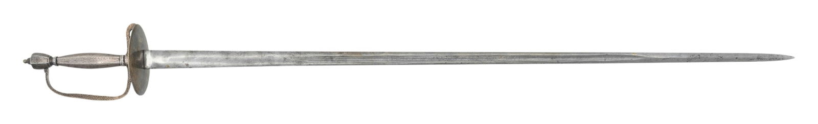 18TH CENTURY SILVER HILTED SMALL SWORD.: A nice example of a silver hilted small sword of the late 18th or early 19th century measuring 40 1/2" overall with a plain single fullered blade stamped "2" on the ricasso. The hilt is either a