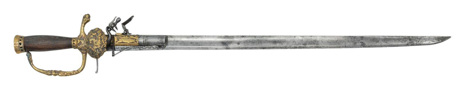 COMBINATION HUNTING SWORD & FLINTLOCK PISTOL BY: KRAUSE OF MITAU (LATVIA). The 23" steel blade has open scroll engraving on left side surrounding hunting scene of dog and stag. Cast brass hilt with oak grip depicts relief hunting scenes which