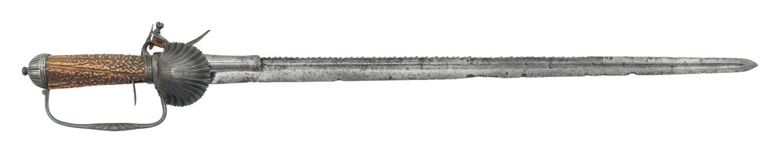 COMBINATION HUNTING SWORD & FLINTLOCK PISTOL.: The 22.5" steel blade has sawback spine & 2 fullers. Iron hilt with shell guard of ricasso. A lion's face is on pommel. Right side of blade is fitted with 3" barrel flintlock pistol with external