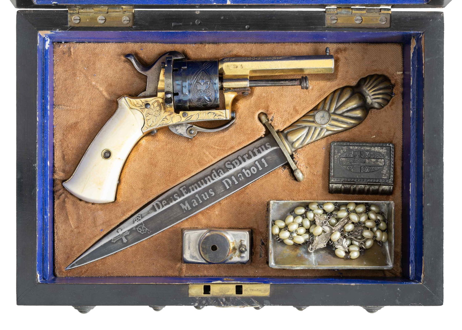 19TH CENTURY STYLE VAMPIRE HUNTING KIT WITH PIN: FIRE BELGIAN REVOLVER. Cal. 7mm. S# 6. Bbl. 2 3/4". This exceptionally well made vampire hunting kit contains a fine Belgian pin fire revolver that was intended to be used with silver bullets to