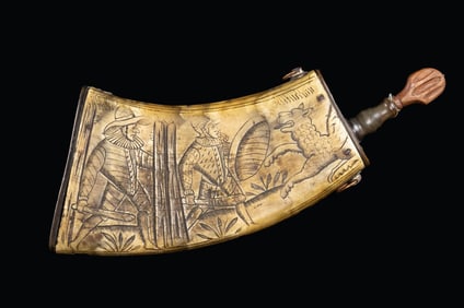 GERMANIC MOULDED POWDER HORN NICELY SCRIMMED.