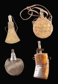 THREE NICELY DECORATED INDO-PERSIAN POWDER FLASKS.