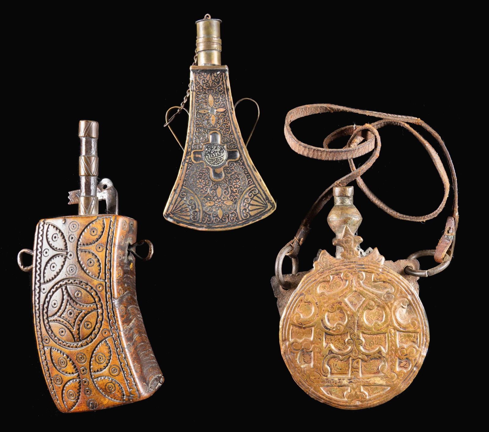 THREE NICELY DECORATED INDO-PERSIAN POWDER FLASKS. - 2