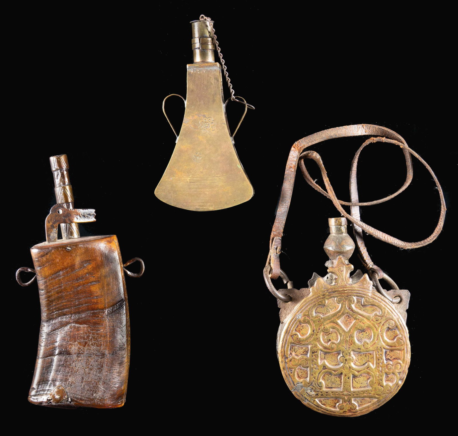 THREE NICELY DECORATED INDO-PERSIAN POWDER FLASKS. - 3