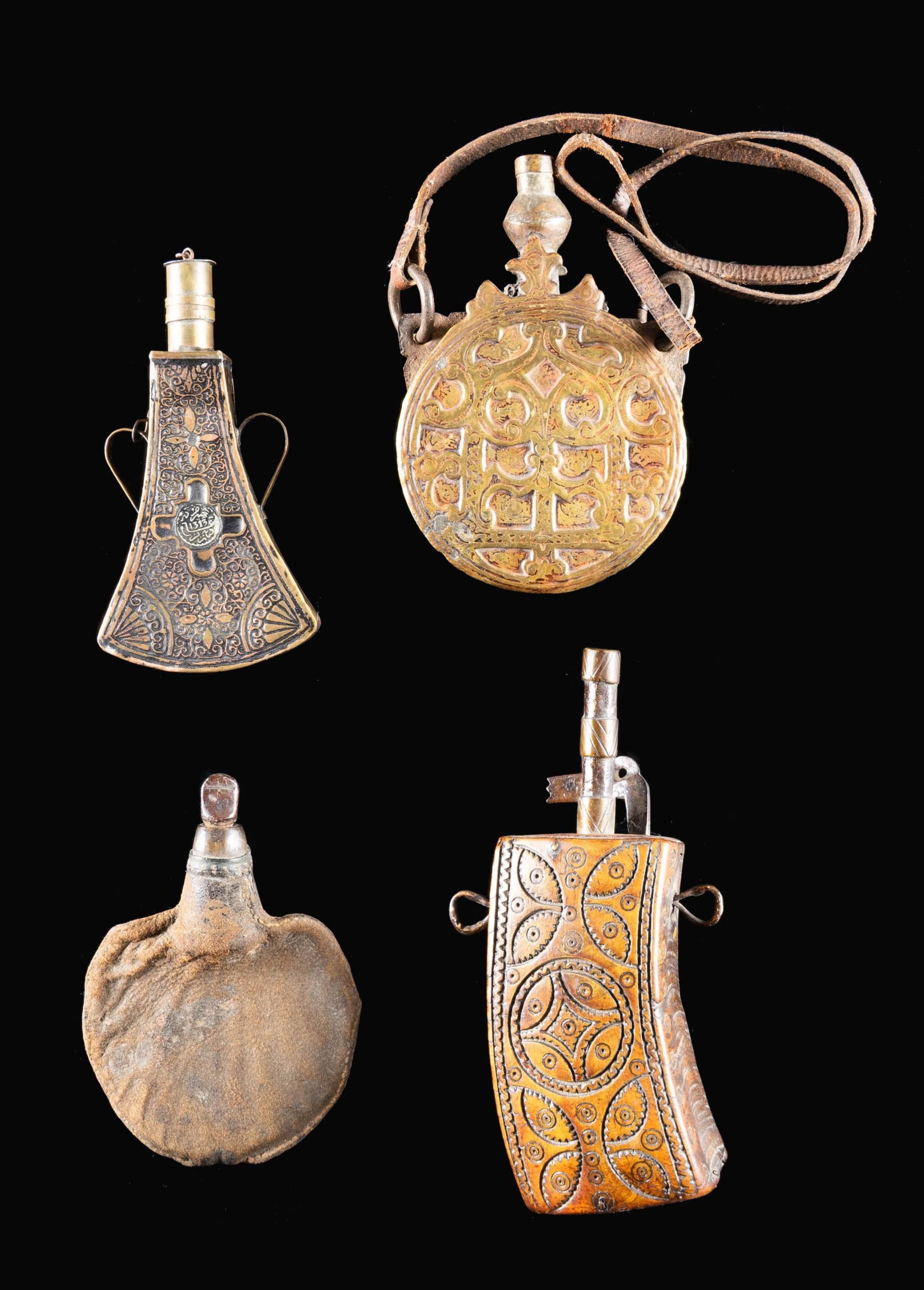 THREE NICELY DECORATED INDO-PERSIAN POWDER FLASKS. - 4