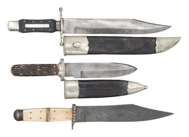 GROUP OF THREE REPRODUCTION BOWIE KNIVES.