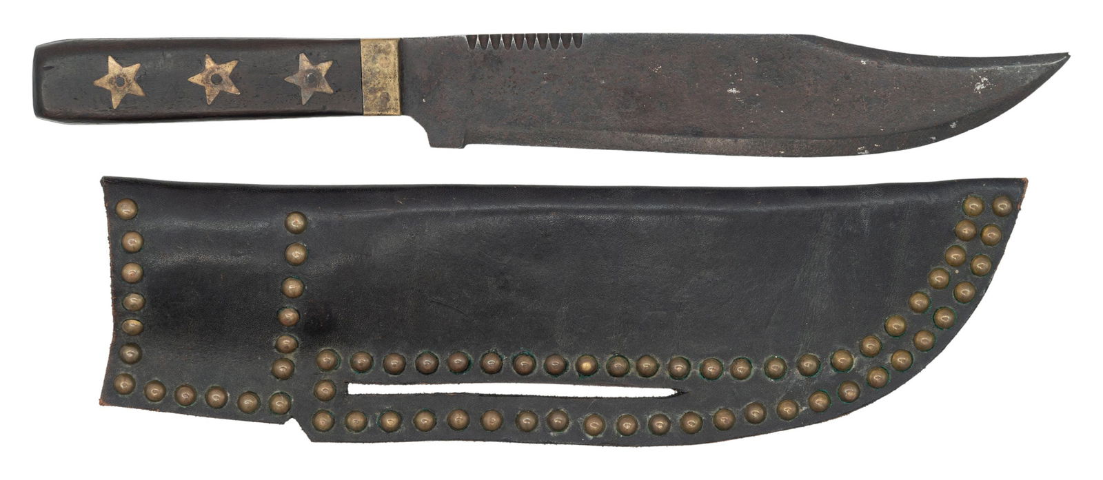 CONTEMPORARY BLACK FOOT STYLE TACKED KNIFE SHEATH: & KNIFE. Attractive well made slotted and tacked leather sheath, 13" aged contemporary clip point bowie knife. CONDITION: very good overall. (02-25220/JS). NON-GUN. $300-500.