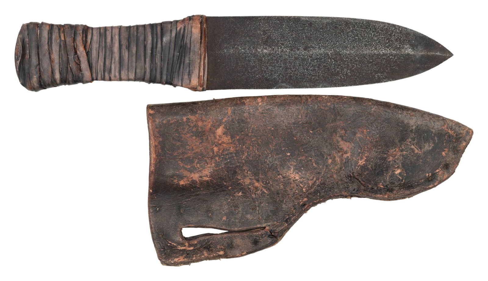 DECORATIVE CONTEMPORARY AMERICAN INDIAN STYLE DAG: KNIFE & TACKED SHEATH. 12" overall, 7" double edged wide dagger blade, full tang, cord wrapped handle, folded tacked & slotted harness leather sheath. CONDITION: good overall, pitted blade, sheath