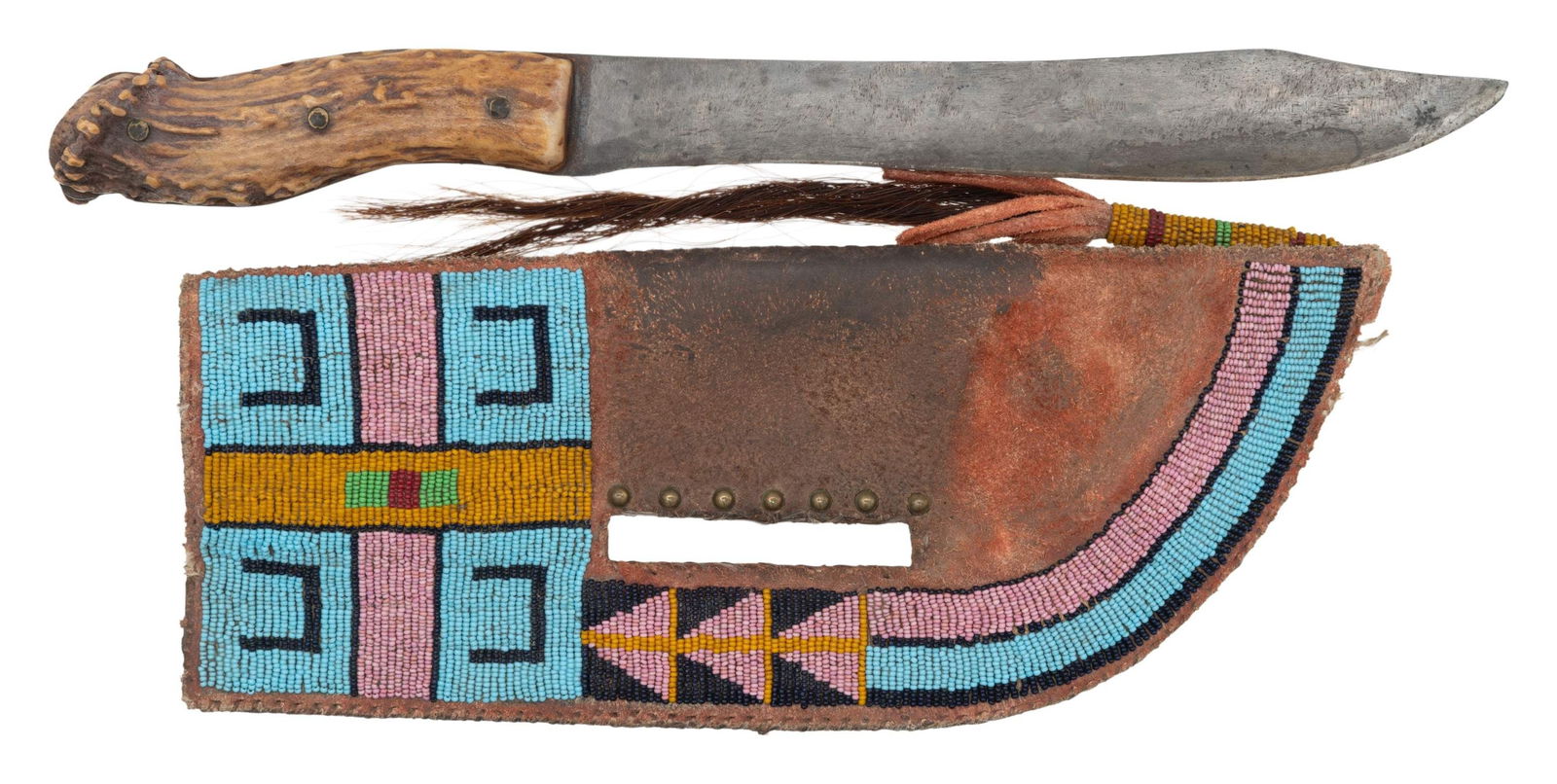 FINE DECORATIVE INDIAN BEADED KNIFE SHEATH &: KNIFE. 14" knife with 9" skinning blade, 11.5" x 4.25" sinew & thread sewn, beading in yellow, dark blue, red, pink, & sky blue, slotted, one row small brass tacks, beaded drop with horse hair
