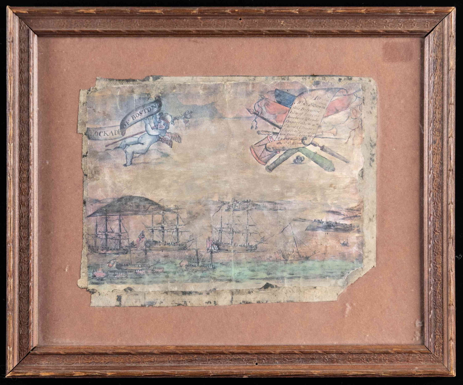 RARE PRE REVOLUTIONARY WAR WATERCOLOR DEPICTING: THE BLOCKADE OF BOSTON BY REMICK.This exceptionally rare watercolor represents the right half of the original work that was done in 1768 by Christian Remick. The entire work depicts British warships