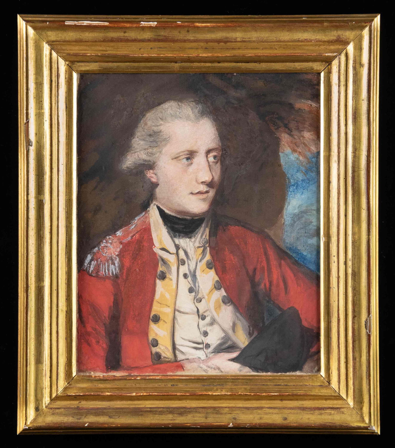 REVOLUTIONARY WAR ERA PORTRAIT OF A BRITISH: INFANTRY OFFICER.This waist up view of a British Infantry Officer of the American Revolutionary War era has a sight size of 8 1/2" x 11" and a gold finished wooden frame that measures 14 1/2" x 12 1/2