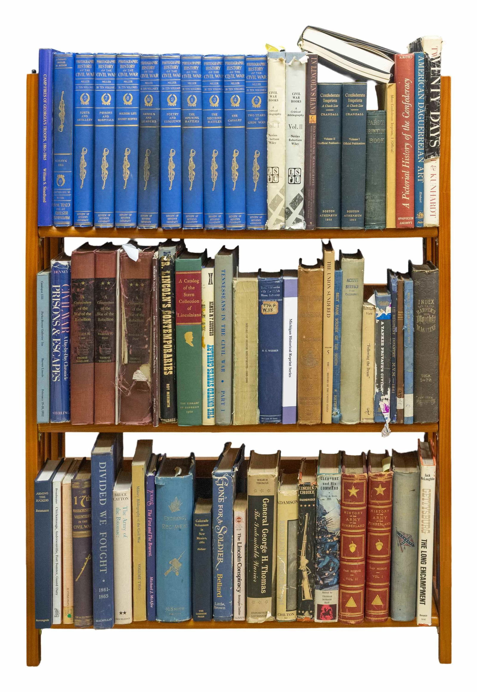 LARGE LOT OF CIVIL WAR BOOKS.: About 400 books including unit histories, many of which are 19th century; pictorial histories, many early examples such as 10 volume Miller 1911; biographies; state compiled rosters, & much more. PROV