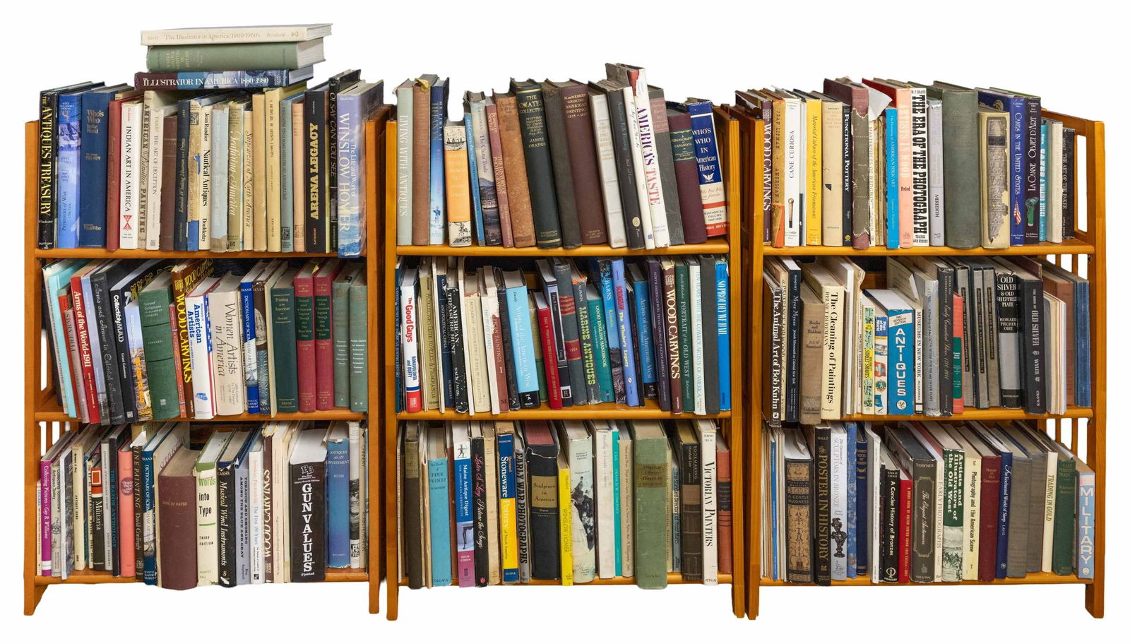 MASSIVE LIBRARY OF ANTIQUE & COLLECTIBLE REFERENCE: BOOKSOver 500 reference books, catalogs, and pamphlets. Books on artists, mostly marine and American, illustrated painting texts, photography, silver, canes & walking sticks, pipes and tobacciana,