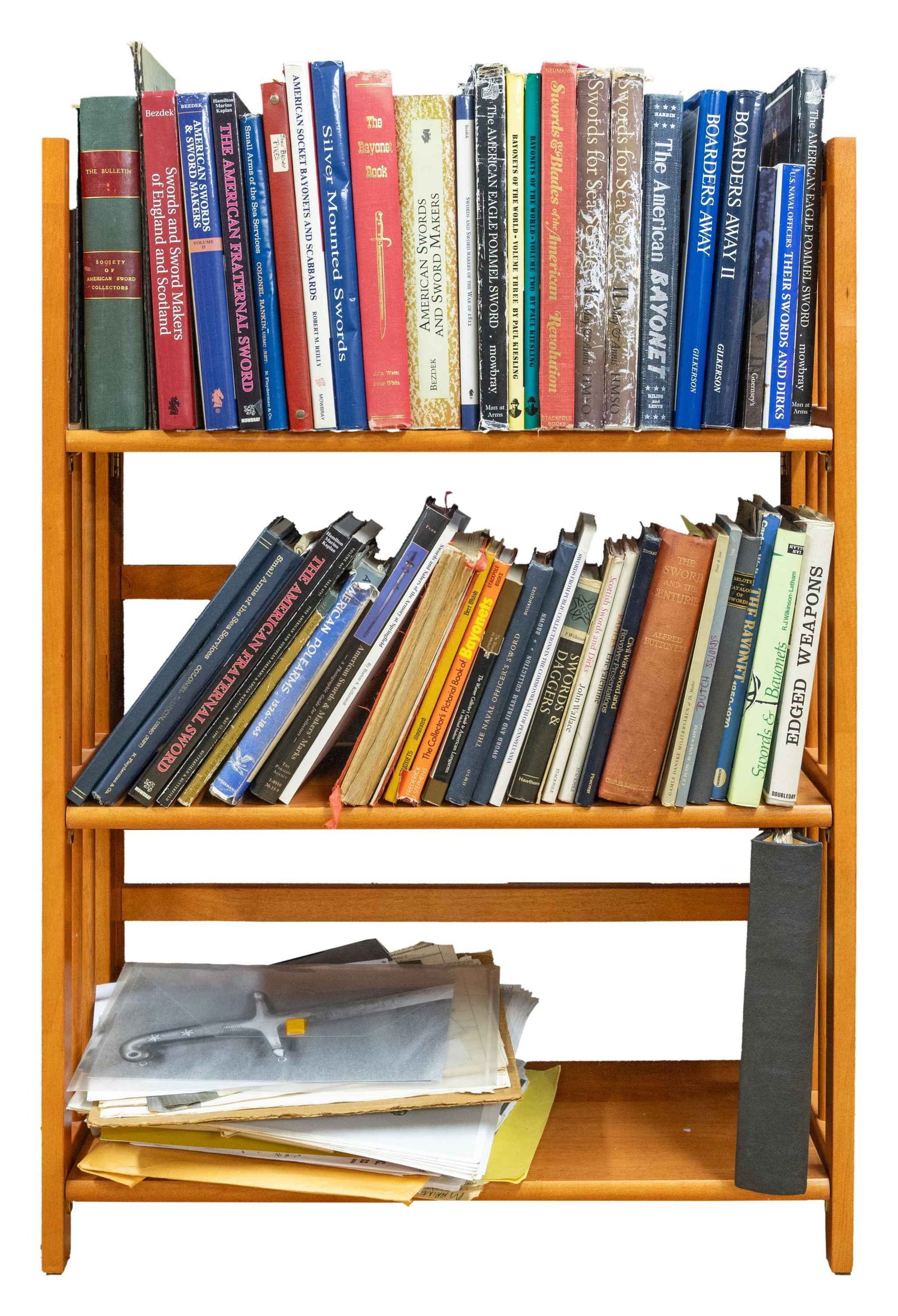 IMPORTANT HISTORIC SWORD BOOK AND EDGED WEAPON: ARCHIVE. Mr. Flayderman always planned on writing another sword book. There are about five linear feet of files which contain photos, negatives, research & correspondence. There are over 50 books on