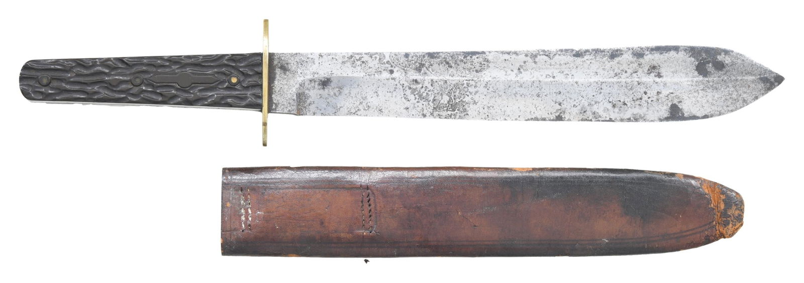 SCARCE LARGE BRIDGEPORT GUN IMPLEMENT COMPANY: BOWIE KNIFE. Several patterns of Bridgeport G. I. Co knives are known, circa 1890, this one is maker marked and model numbered "501", 13" overall, 9" spear point blade tapers larger toward point, Full