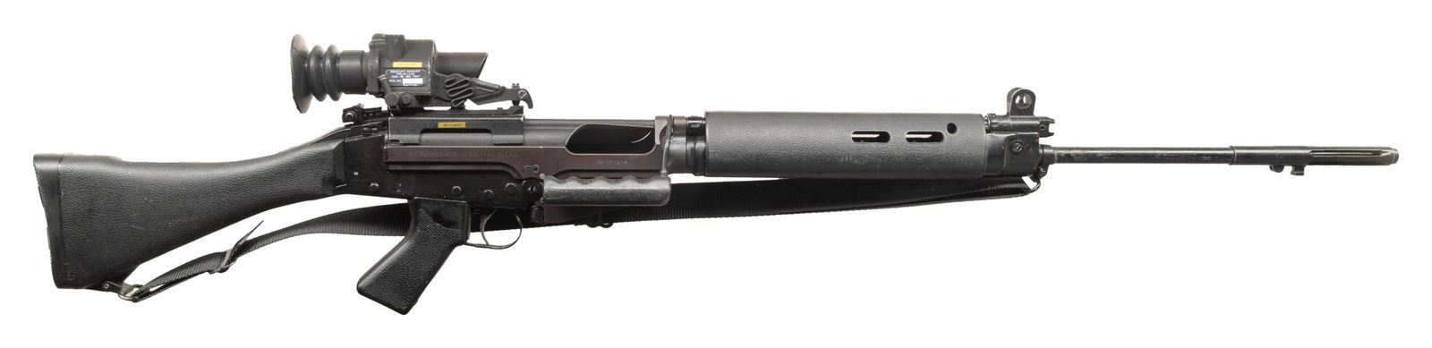 ENTERPRISE ARMS L1A1 SPORTER WITH TRILUX SCOPE.: Cal. 7.62 Nato. S# EAI001304. Bbl. 24.5 over brake. Inch pattern L1A1 Sporter. Barrel terminated w/ 3" flash hider & bayonet lug. Protected post front sight. Rear folding peep sight. Black plastic fur