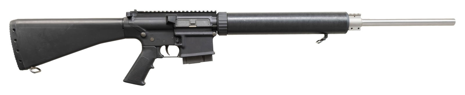 STAINLESS HEAVY BARRELED ARMALITE AR-10(T) RIFLE.: Cal. 7.62x51mm. S# US567599. Bbl. 24". Stainless steel heavy barrel. Low profile gas block w/ Picatinny rail. Smooth, round 12" handguard. Flat top upper receiver w, brass deflector. Fixed rifle stock