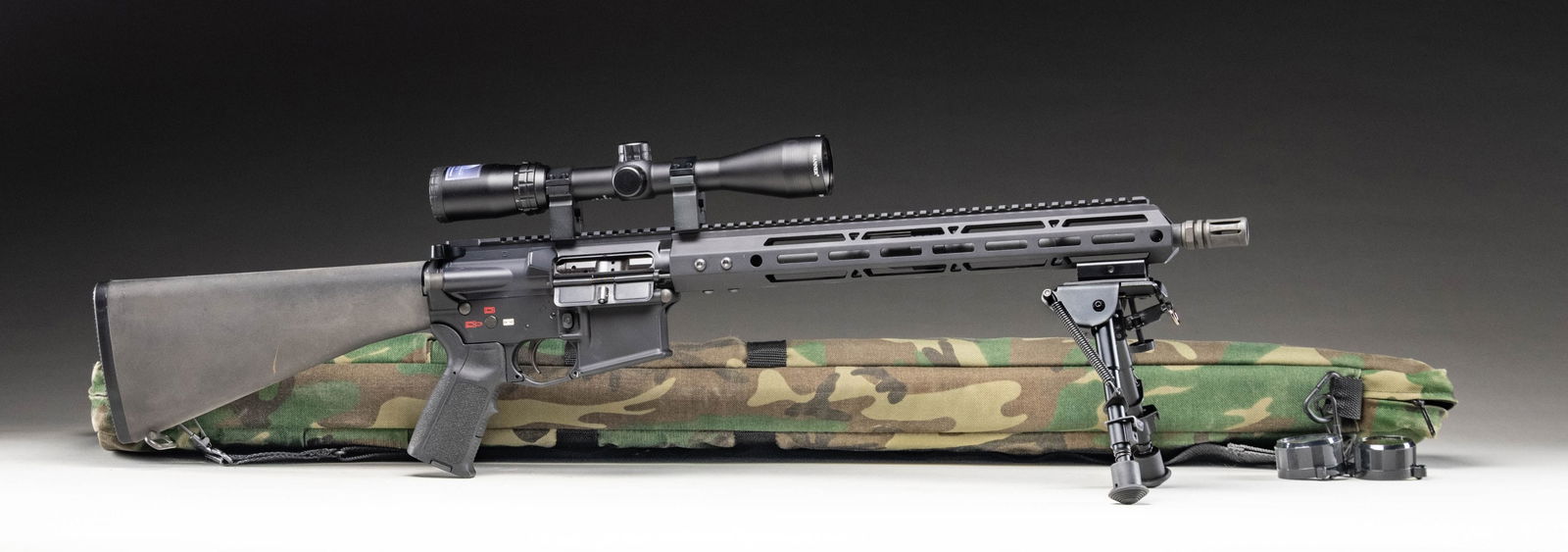 SPIKES TACTICAL 5.56 NATO CARBINE WITH M-LOK RAIL: & BIPOD. Cal. 5.56 NATO. S# SAR00545. Bbl.16". Spikes Tactical model SL-15 carbine w/ full length handguard. Threaded muzzle w/ a2 style flash hider. Low profile gas block. Regulated top rail, providi