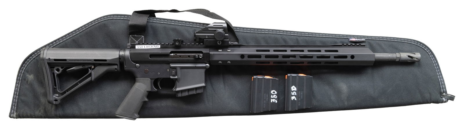 ANDRO CORP 350 LEGEND, SIDE CHARGING RIFLE.: Cal. 350 Legend. S# J2-011226. Bbl. 18". 1:16 barrel terminated w/ spiral flash hider. 15" free floating handguard. Flat top, right-side charging upper receiver. Currently sporting Dagger Defense elec