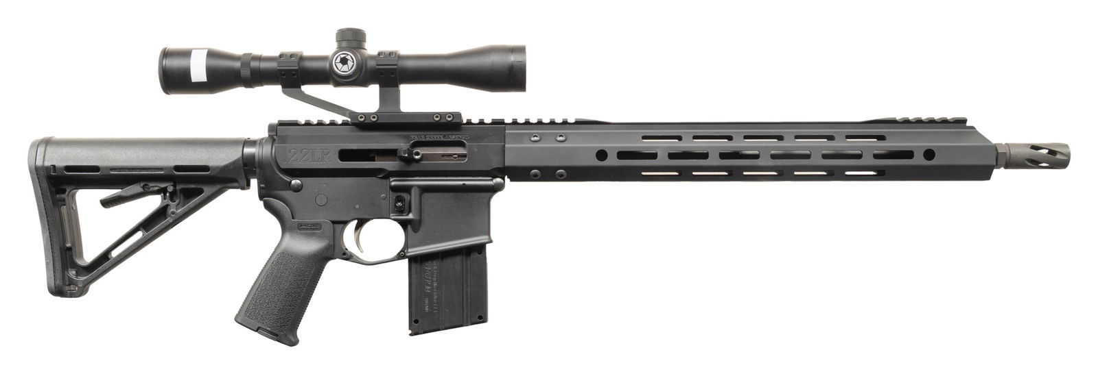 PALMETTO STATE ARMORY PA-15 WITH BEAR CREEK .22LR: SIDE CHARGING UPPER RECEIVER. Cal..22LR. S# SCD249271. Bbl. 16". Barrel terminated w/ spiral flash hider. 15" free floating handguard. Flat top, right-side charging Bear Creek upper receiver. Currentl