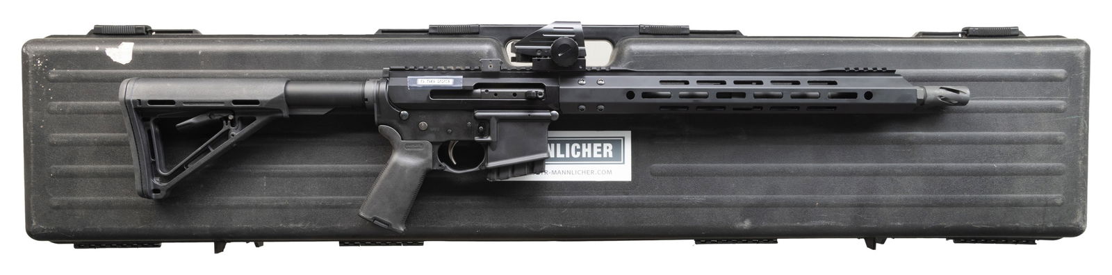 PALMETTO ARMORY RIFLE WITH SIDE CHARGING UPPER: RECEIVER. Cal. 5.56 NATO. S# SCD076671. Bbl. 16". 1:8 barrel terminated w/ spiral flash hider. 15" free floating handguard. Flat top, right-side charging upper receiver. Piney electronic sight. 6 posi