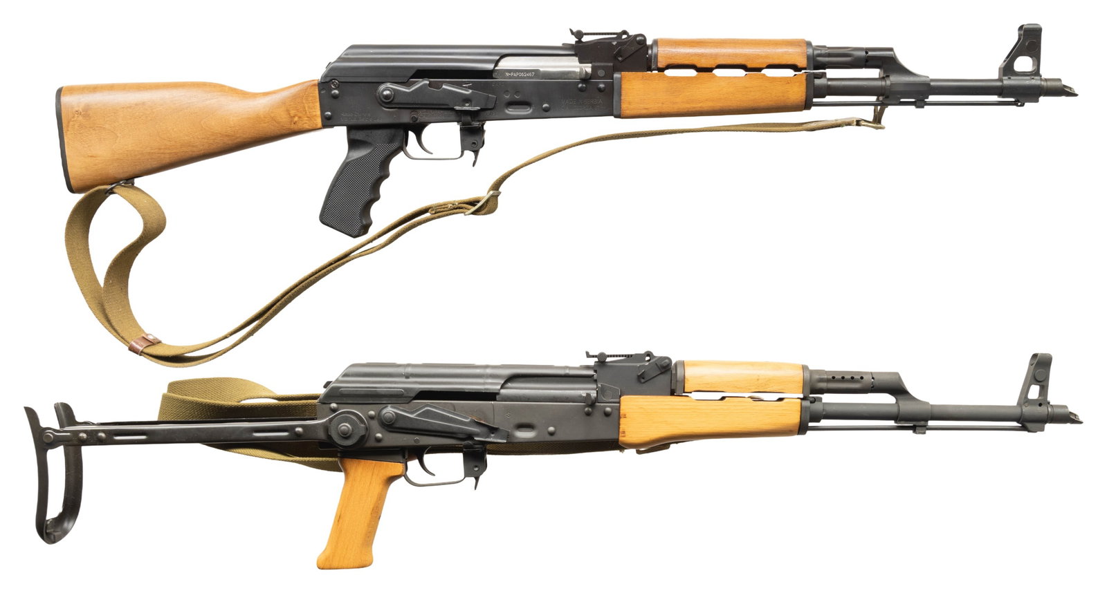 2 AK-47 STYLE SEMIAUTOMATIC 7.63x39MM CARBINES.: Grouping of 2 AK-Style 7.62x39mm Rifles. 1) Zastava, model N-PAP M70 Carbine. Cal. 7.62X39. S# N-PAP062467. Bbl. 16". Barrel terminated w/ slant muzzle brake. Matte black finish on all exposed surface