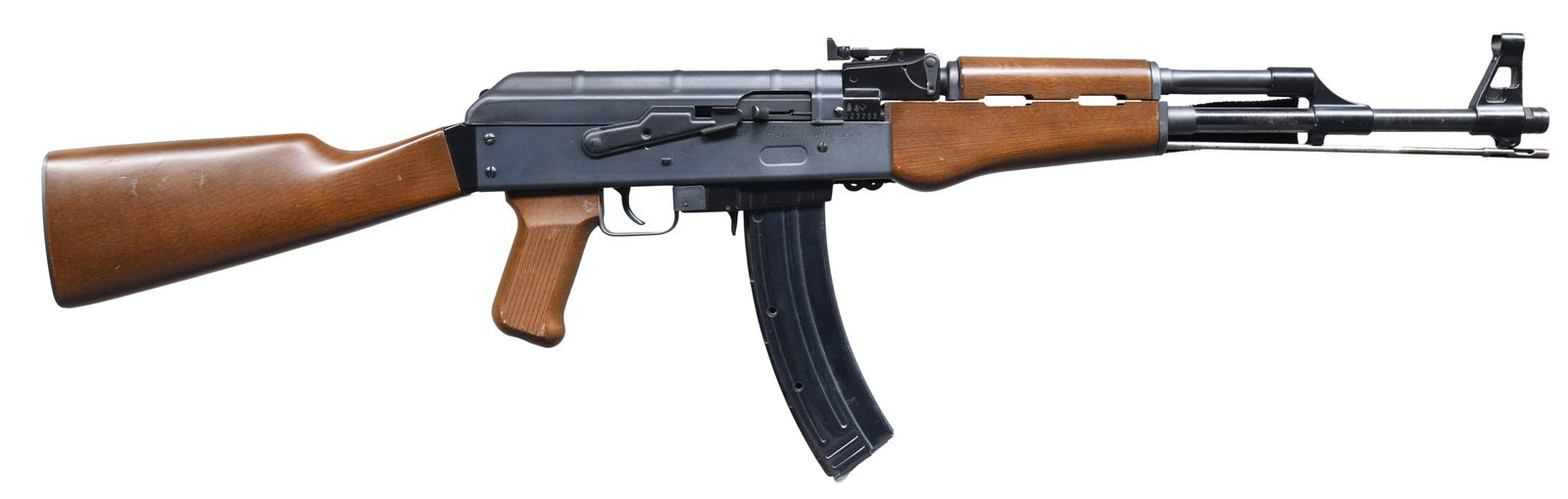 ADLER JAGER AP80 SEMI AUTO RIFLE.: Cal. 22 LR. S# 023265. Bbl. 18". Post front sight with hood. Tangent rear sight graduated to 100m. Italian made AKM style rimfire rifle imported by Mitchell Arms. Blued bbl. Balance of other metal par