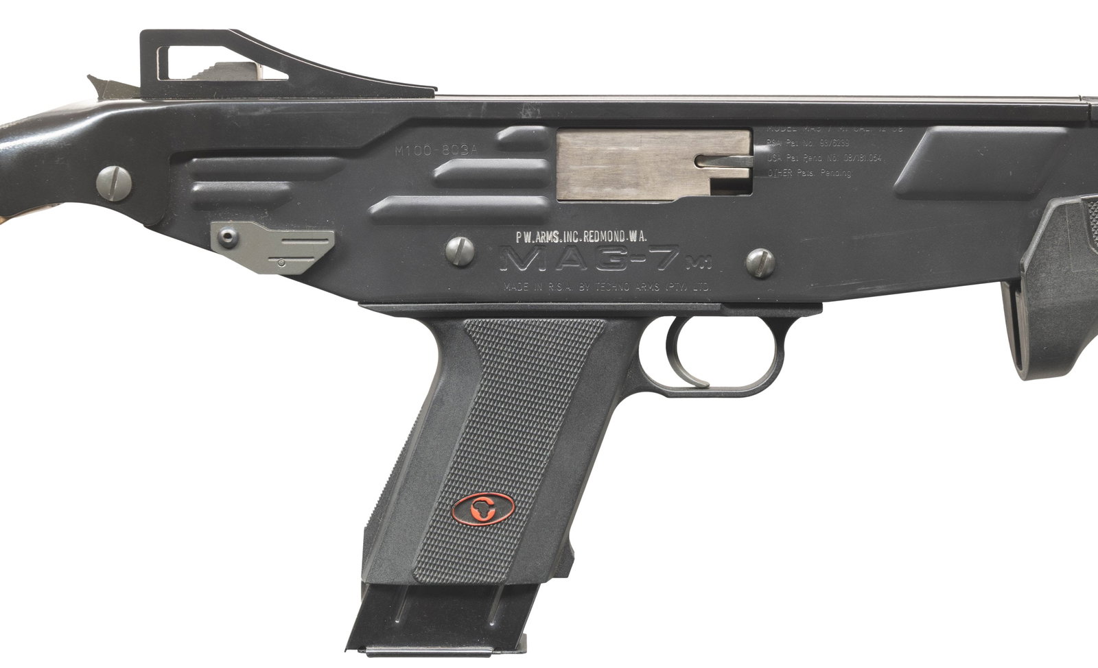 TECHNO ARMS MAG 7 M1 SLIDE ACTION SHOTGUN.: Cal. 12 Ga (60mm). S#. M100-803A. Bbl. 20". An interesting, South African designed slide action shotgun made for close quarters combat. It was built to utilize a unique 12-gauge x 60mm (2.36-inch) sho