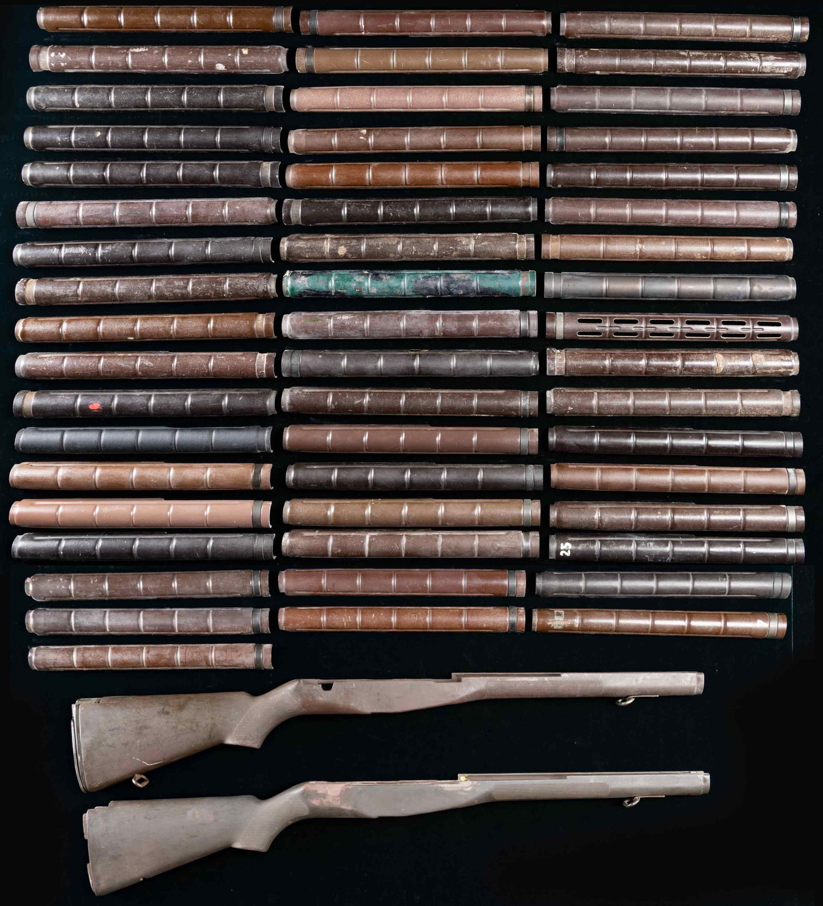 LOT OF U.S. M14 STOCKS & HANDGUARDS.: Lot of M14 stocks and handguards, including: 1) Checkered brown synthetic pistol grip M14 stock. Complete with sling swivels and buttplate. Selector lever cut-out has not been filled in. 2) Checkered