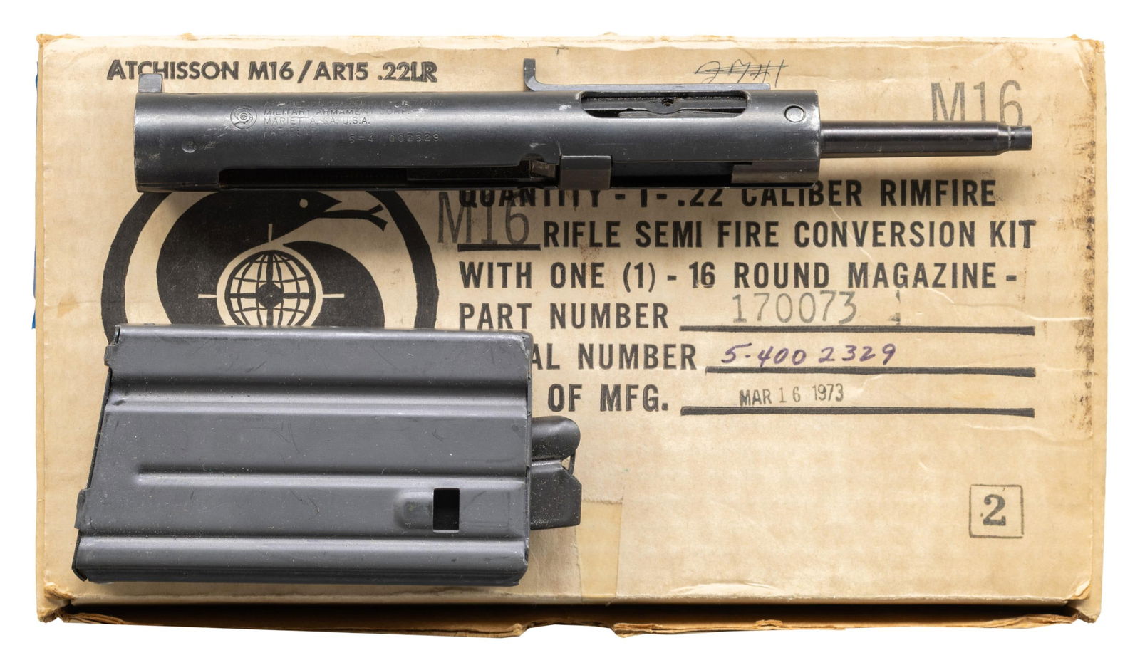 M.A.C. ATCHINSSON AR15 22LR CONVERSION UNIT.: S# 5-4 002329. March, 1973 made Atchisson AR-15/M16 22 LR conversion unit. This drop-in bolt carrier converts the gas operated .223 to a .22LR blowback action. MAGS: 1-16 rd. UNATTACHED ACCESSORIES: