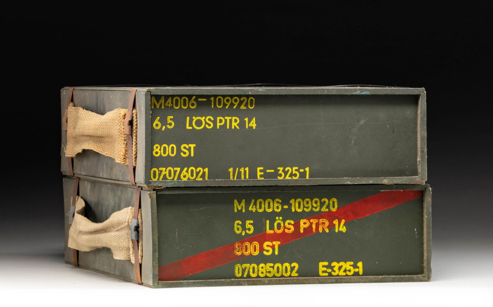 LOT OF 1600 6.5 SWEDE TRAINING RDS.: Lot consists of two sealed green 800 rd. cases of Swede made 6.5x55 M/14 Training ammo. CONDITION: sealed in crates. (02-26092/MJC). $400-600 for lot.