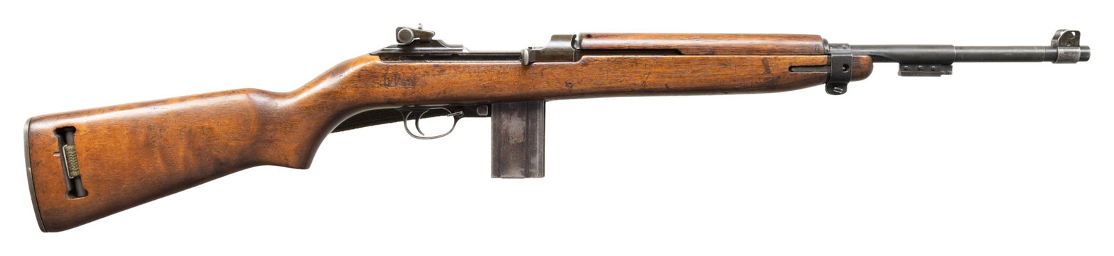U.S. WWII ROCK-OLA M1 SEMI-AUTO MILITARY CARBINE.: Cal. 30 Carbine. S# 4618264. Bbl. 18". Barrel is marked on left side with Blue Sky import mark. Barrel is marked on top behind front sight "UNDERWOOD / 7-44 / flaming bomb". Stamped adjustable apertur