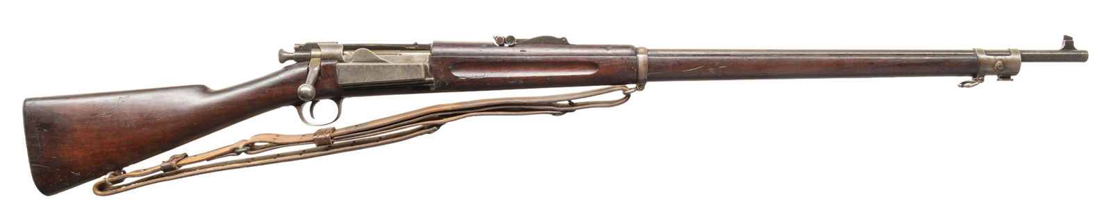 U.S. SPRINGFIELD SPANISH-AMERICAN WAR ERA KRAG: BOLT-ACTION MILITARY RIFLE. Cal. 30-40 Krag. S# 239205. Bbl. 30". Rifle is equipped with a Model 1898 tangent rear sight. The side notches have been removed from the sight, which was a common modifica