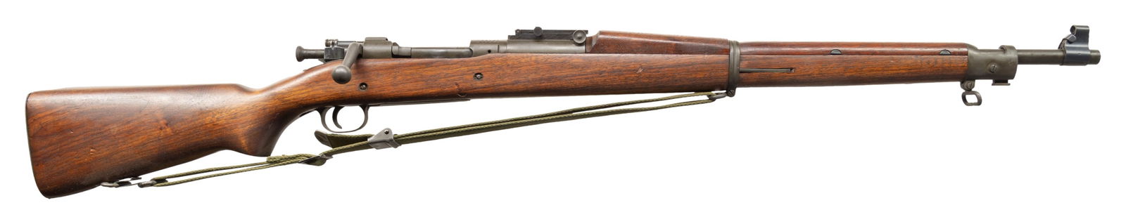 ROCK ISLAND MODEL 1903 BOLT ACTION MILITARY RIFLE.: Cal. 30-06. S# 177141. Bbl. 24". Replacement barrel by High Standard is marked by front sight "HS / flaming bomb / 5 44". Ladder rear sight with volley notch graduated 2,850 yards. Sight base made
