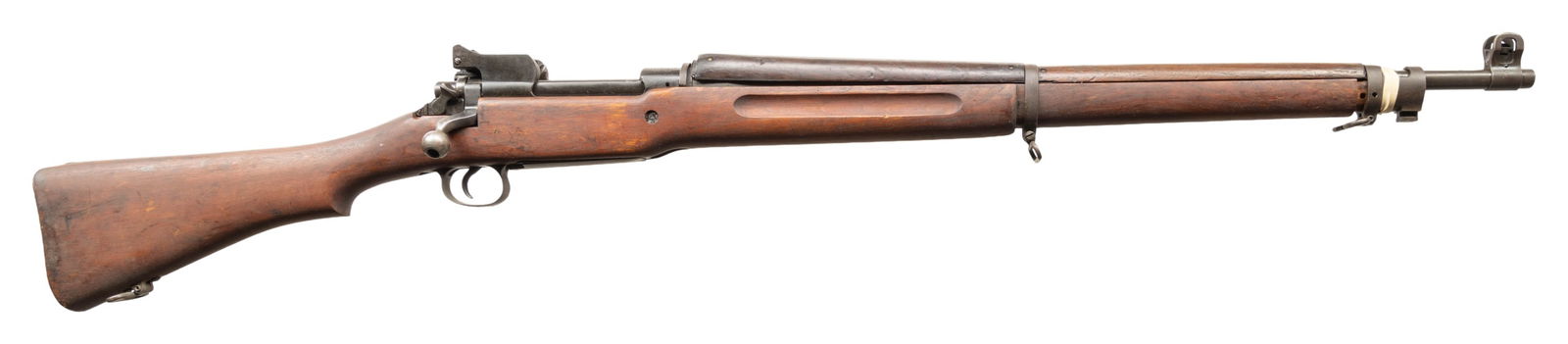 US WWI EDDYSTONE MODEL 1917 BOLT-ACTION MILITARY: RIFLE. Cal. 30-06. S# 890784. Bbl. 26". Bbl. is marked behind front sight "E / flaming bomb / 10-17". Ladder rear sight graduated to 1,600 yards. Blade front sight w/ protective ears. Receiver is